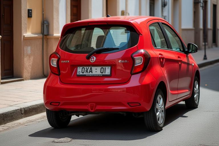 Coche compacto de color rojo aparcado en una calle urbana de Canarias