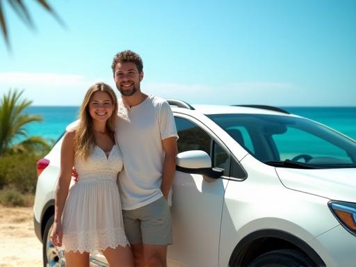 Una pareja sonriente junto a un coche de alquiler con vistas al mar